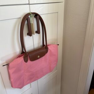 Longchamp Pink Nylon Tote with Brown Leather Trim -Small